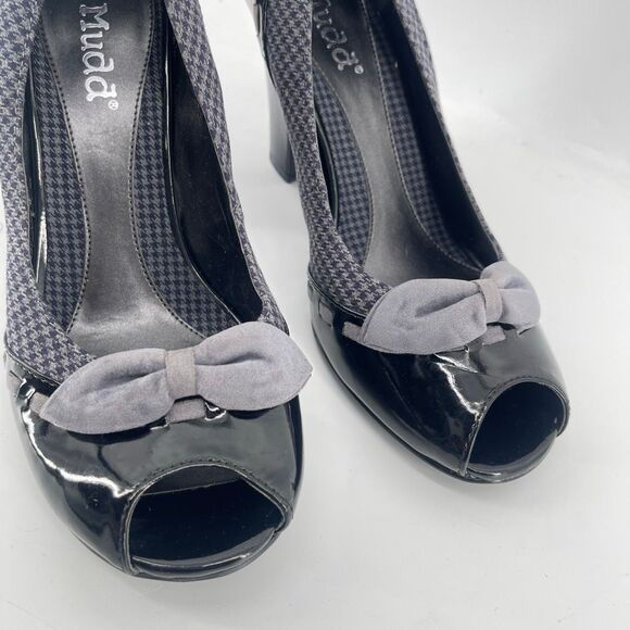 Black MUDD Chunky Heel Vintage Y2K Houndstooth Peep Toe Pumps Size 9 - Picture 13 of 14